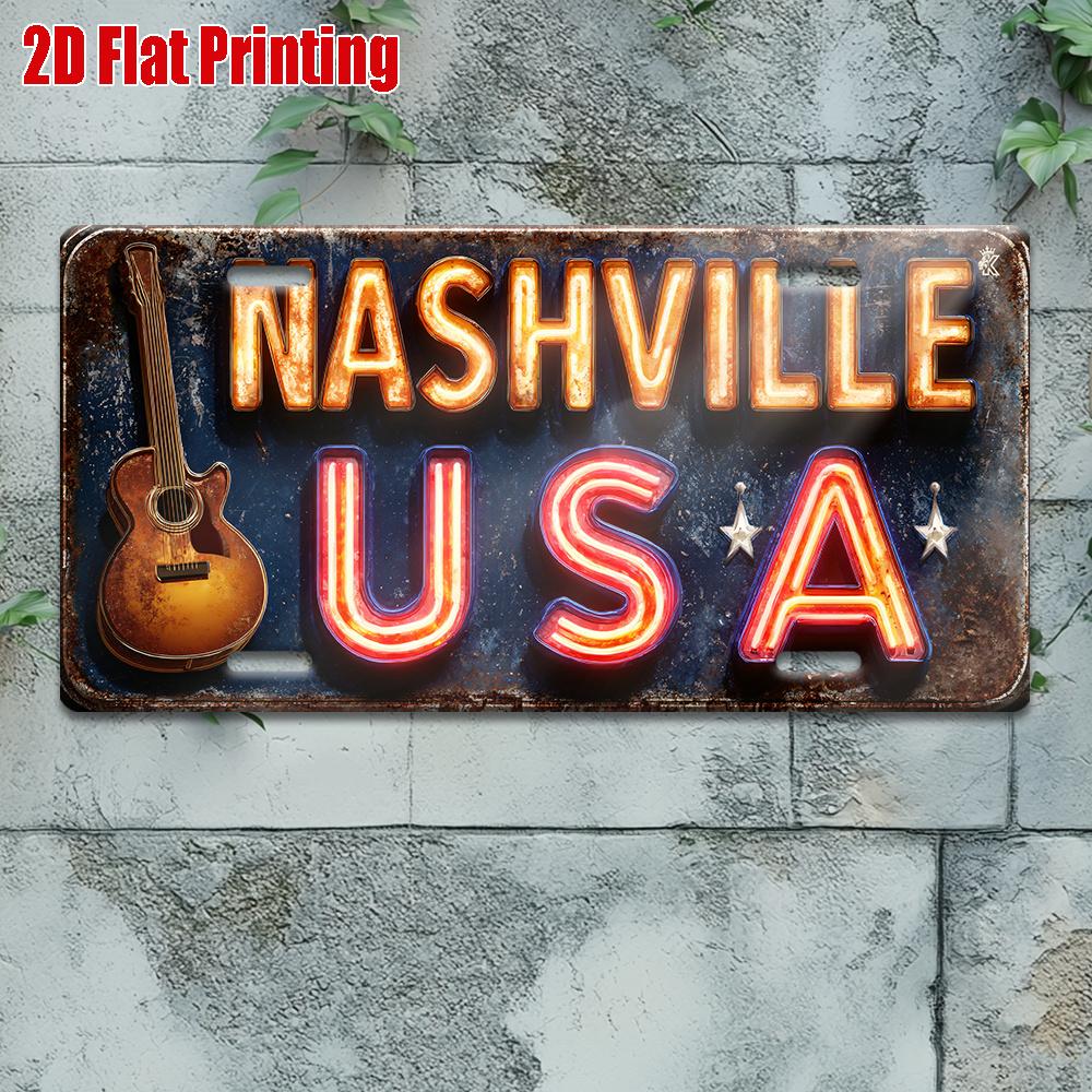 D Flatpc Vintage Metal License PlateOutdoor Wall Art (cm xcm)Nashville Music City Guitar SignPerfect for Living Room