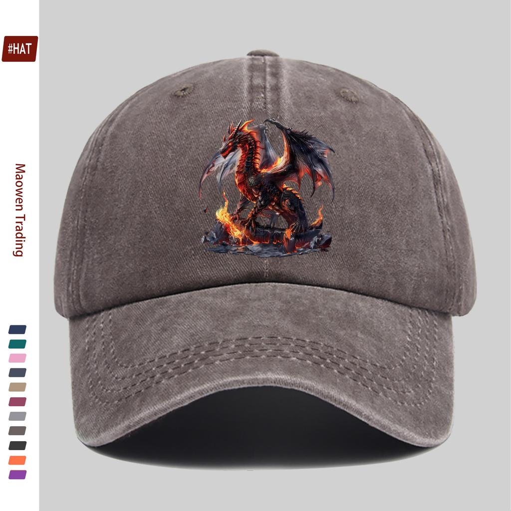 Pc Baseball Cap with Red Dragon Standing On Flaming Rock Pattern Print Fashionable Casual Fire Dragon Print Design Golf Cap H