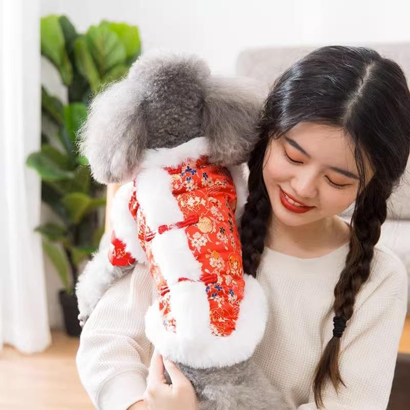 Dog Hundred Flowers Golden Silk Two-legged Cotton-padded Clothes Medium and Small Dog Teddy Chinese New Year Festive Autumn and Winter Pet Dog Clothes