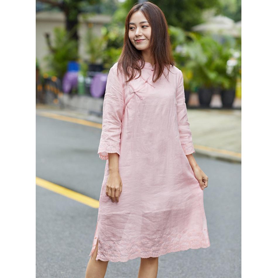 2020 Summer Women's Soft Pink Lotus Sleeve Cotton Linen Embroidery Dress