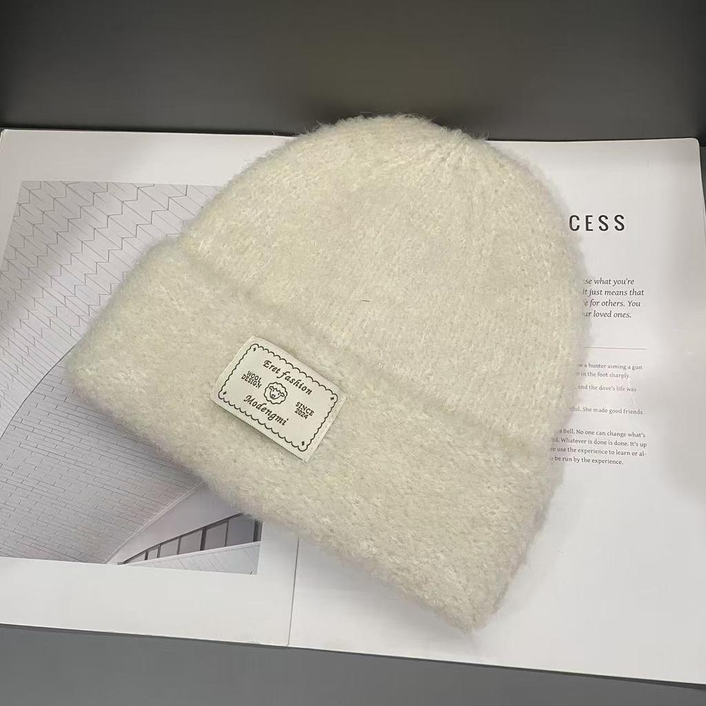 Patch Knitted Hat for Women In Autumn and Winter Warm and Ear Protecting Soft and Waxy Thickened Plush Woolen Hat Showing A Trendy Face