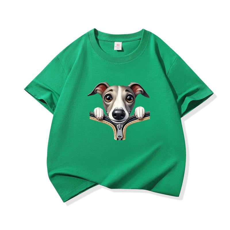 Kids Cotton T Shirt Adorable Whippet Dog Zipper Print Crew Neck Short Sleeve Tee Casual Breathable Boys Girls Summer Tops