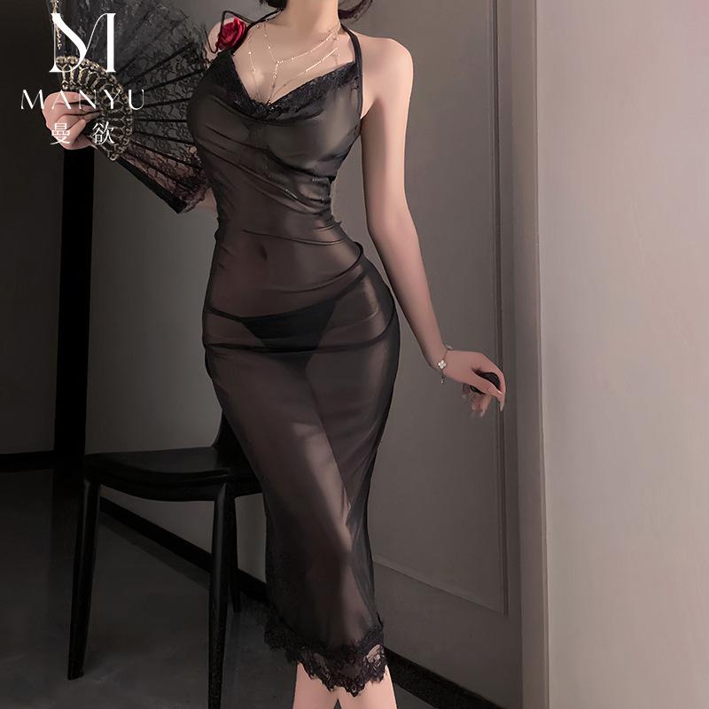Man Want Sex Underwear Perspective Hollow Lace Mesh Pile Pleated Tight Suspender Rose Hip Wrap Long Dress 9449
