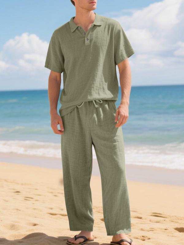 Men's European & American Linen Beach Set: Short-Sleeve Polo Shirt & Long Pants