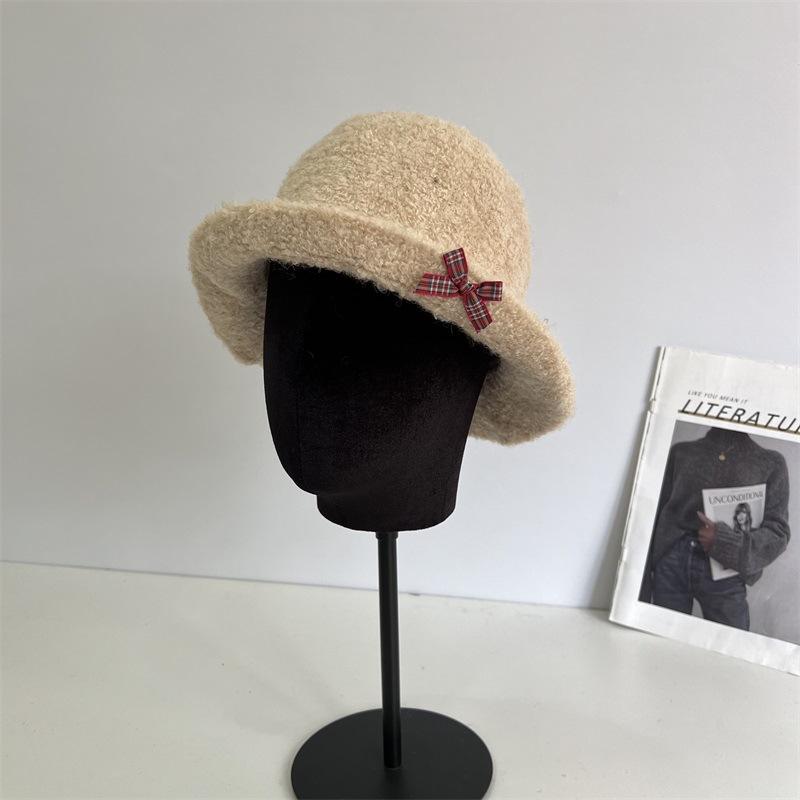 Chapeau cloche d'automne et d'hiver en laine, fil cercle, bord relevé devant, pour femme, doux, petit, frais, avec nœud, chaud, décontracté