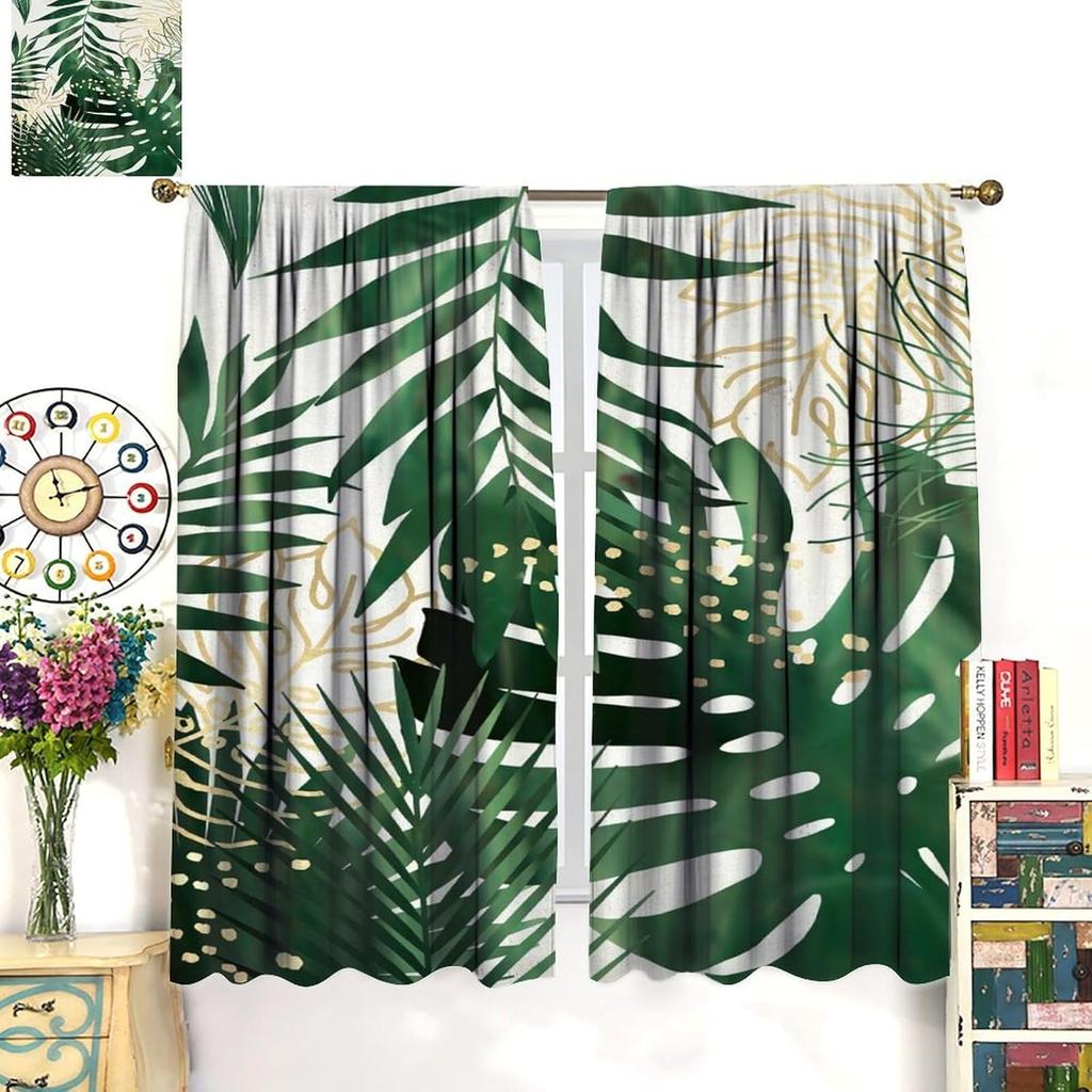 Tropical Palm Leaf Curtains Natural Emerald Green Gold Botanical Plant Abstract Printed Window Treatments Curtain Made Of Polyester With Rod Pocket