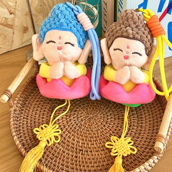 Cartoon Buddha Pendant Keyring with Lanyard Plush Doll Toy Soft Velvet Hanging Ornament Bag Decoration