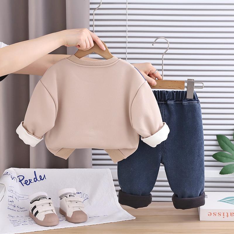 Jungen Langarm 2-teiliges Set, 0-5 Jahre alt Kinder Englisch bedruckter Fleece-Hoodie+Jeans