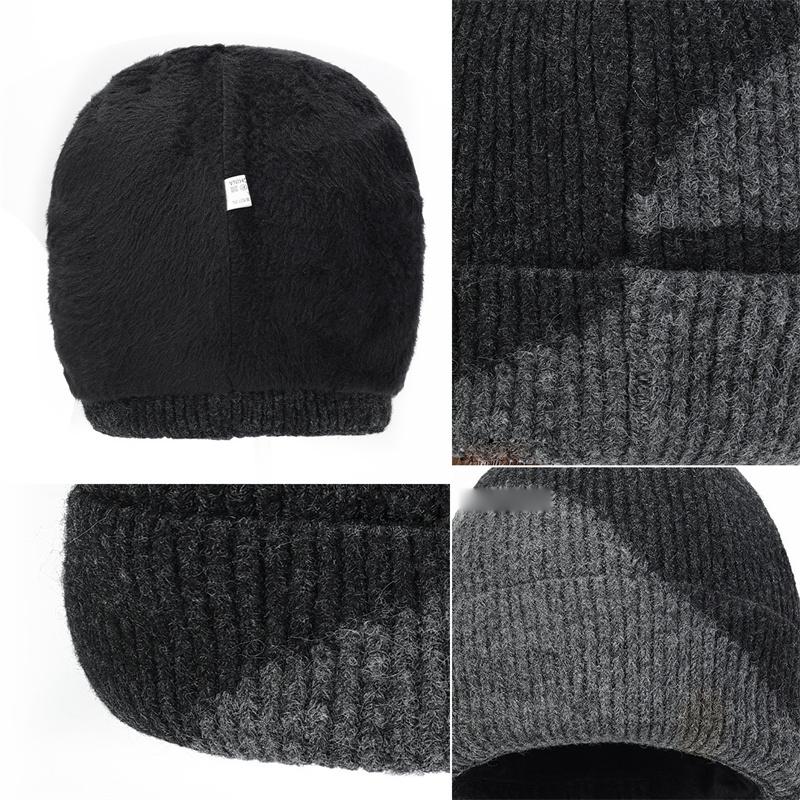 Winter Wool Hat Men Color-Matching Cashmere Knitted Hat Gloves Neck Set Three-Piece Thick Cold-Proof Cap