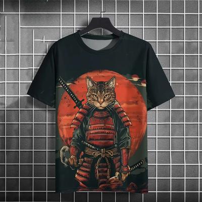 Men's T Shirt Japanese Samurai Cat Pattern Printed Tops Casual Unisex Tops Breathable Comfortable Summer New Oversized Clothing