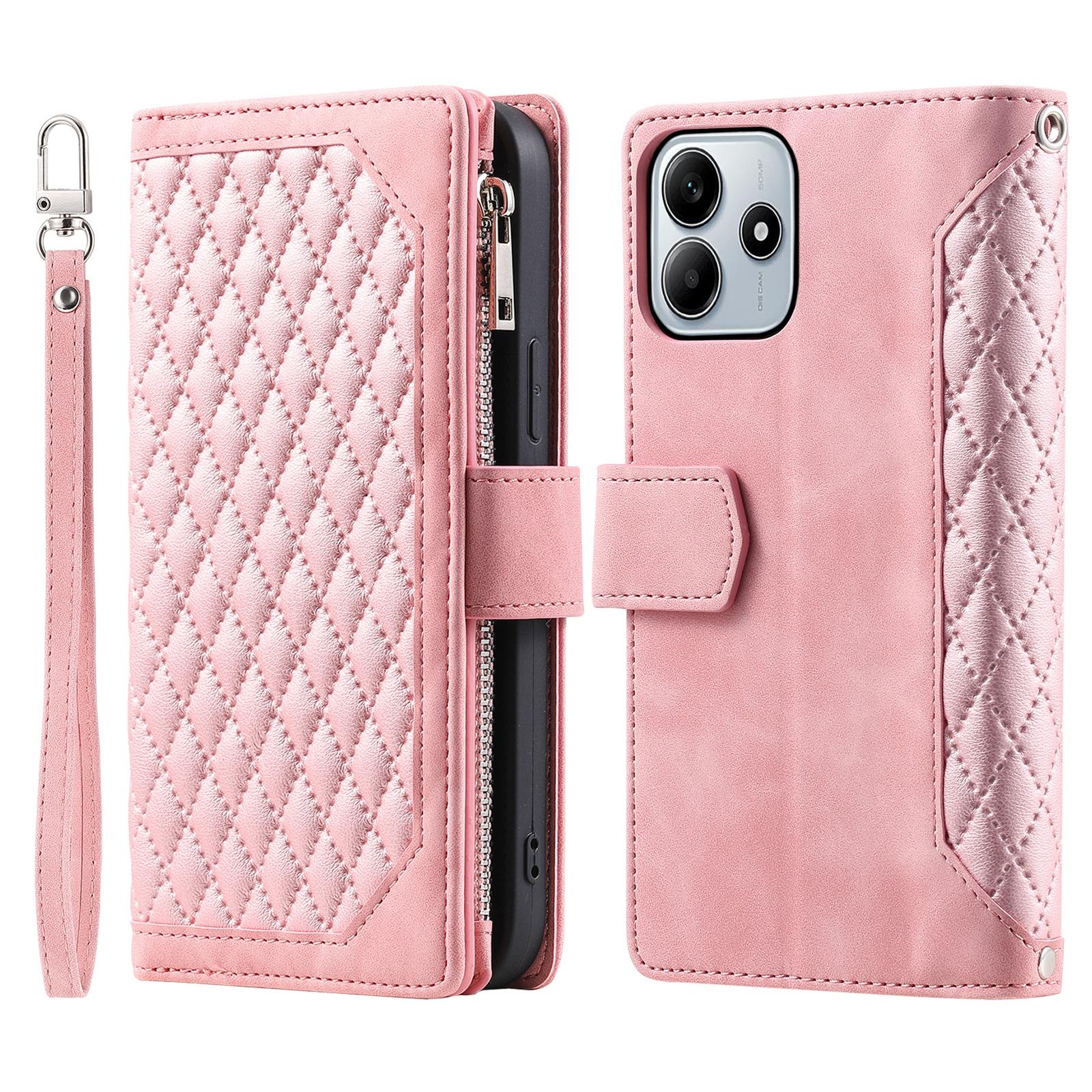 

Style 005 For Xiaomi Redmi Note 14 4G (164.84mm) Wallet Case Rhombus Stitching Line PU Leather Phone Cover Rose Gold