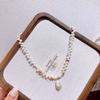 Korean-style Minimalist Necklace Featuring Uniquely Shaped Natural Freshwater Pearls Paired with a Long Baroque Pearl Pendant