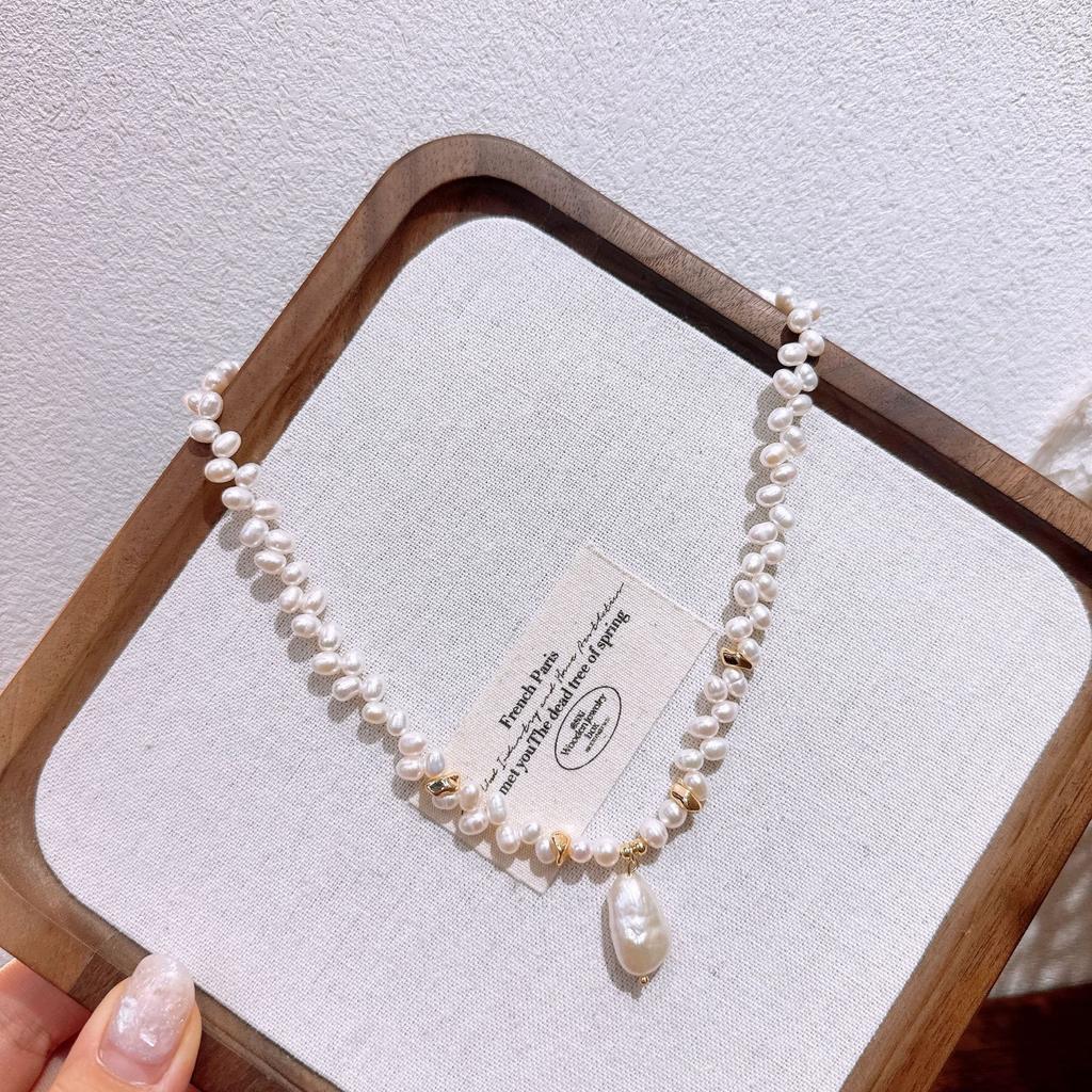 Korean-style Minimalist Necklace Featuring Uniquely Shaped Natural Freshwater Pearls Paired with a Long Baroque Pearl Pendant