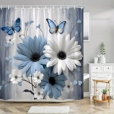 1pc Blue & White Floral Butterfly Shower Curtain - Elegant Nature Design, Vivid Blossoms, Muted Gray Background, Polyester