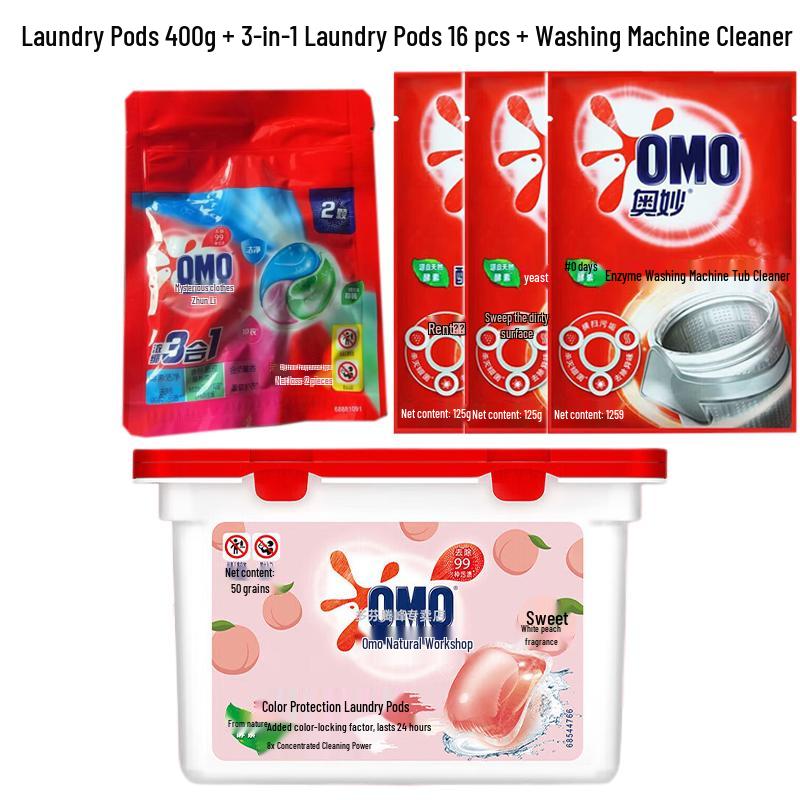 OMO White Peach Laundry Pods & Machine Cleaner Set