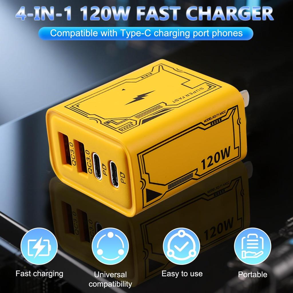4 Ports 120W Charger Adapter 2 USB + 2 Type-C Fast Charging Charger Adapter for Iphone Xiaomi Samsung Huawei
