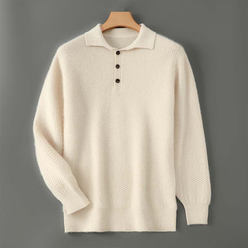 Men's Pure Wool Polo Collar Cardigan: Loose, Button-Up, Business Casual Cashmere Knit Sweater