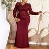 Women Plus Size Long Sleeve Sequined Fishtail Waist Cinched Banquet Evening Dress