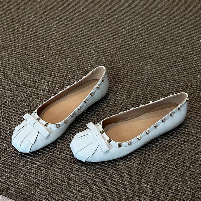 

Sheepskin version~ Genuine leather temperament versatile flat shoes women s French square head bow ballet style rivet shallow mouth single shoes 35