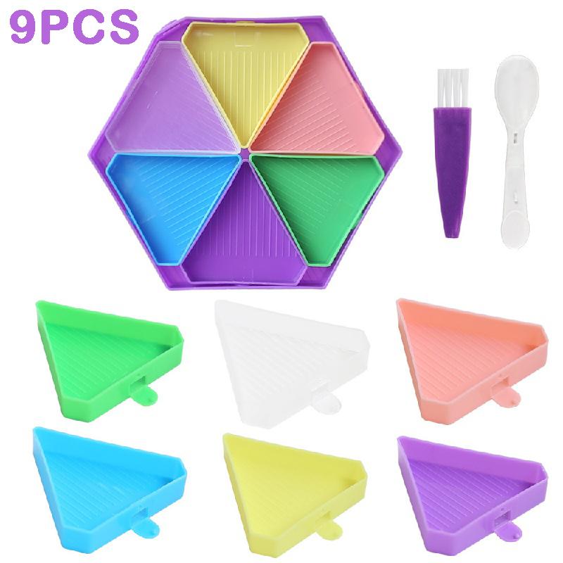 9Pcs Diamond Painting Tray Set, Hexagon Drill Storage Trays with 6 Triangle Trays, Spoon & Brush, 5D Diamond Embroidery Accessories DIY Art Supplies