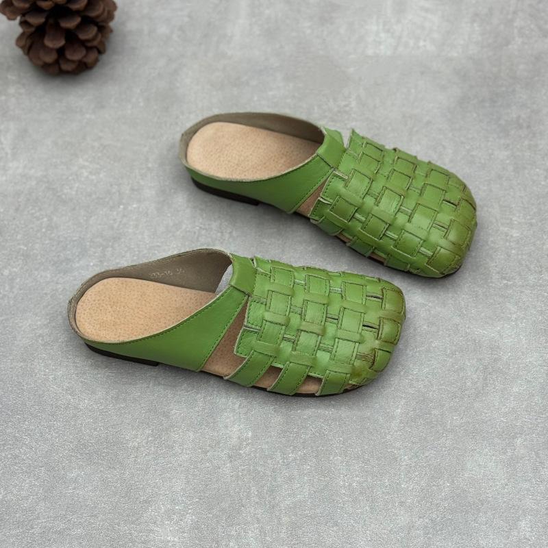 Johnature Genuine Leather Woven Slippers Handmade Comfortable Breathable Soft Soled Women's Slip-on Shoes