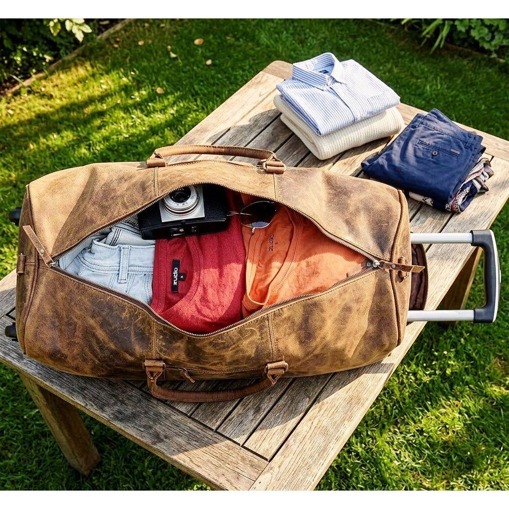 24 Inch Genuine Leather Trolly Duffel Travel Overnight Weekend Leather Bag Sports Gym Duffel Luggage Travel Bag For Men And Women