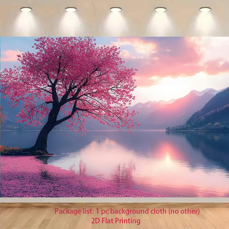 2D Pink Sunset Mountain Sakura Background for Nature Photoshoot 47.2x31.5inch/120*80cm