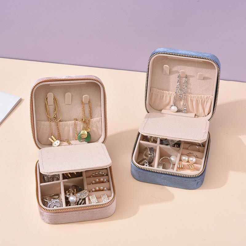 Velvet Jewelry Box Travel Portable Sqaure Zipper Boxes Necklace Bracelet Ring Earrings Jewelry Storage Case Organizers For Women