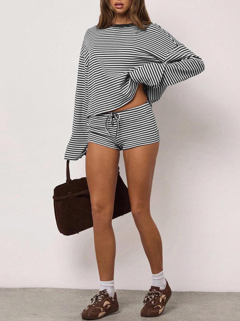 Trendy Sporty Striped Two-Piece Set: Loose Long Sleeve Top & Drawstring Shorts