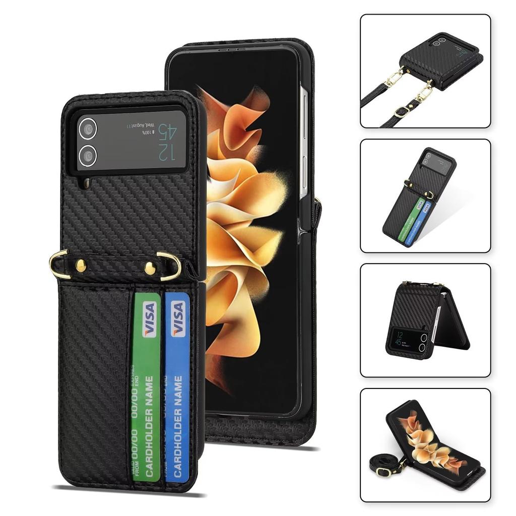 Suitable for Samsung Z Flip4 mobile phone leather case, folding mobile phone fashion card oblique span bag, strap mobile phone case