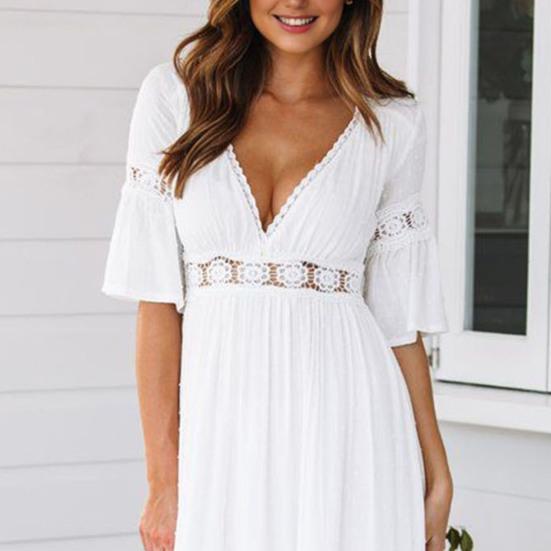 Boho Summer V Neck Flowy Dress for Women Floral Lace Ruffle A Line Dress Casual Bell Sleeve Beach Vacation Sundress