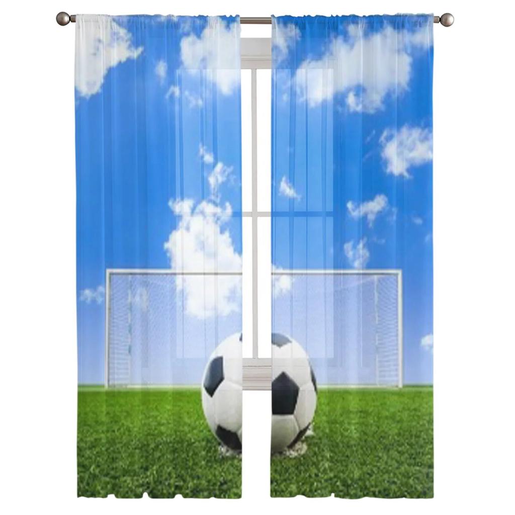 Soccer Ball On Green Grass Field Sheer Curtains For Living Room Kids Bedroom Tulle Curtains Kitchen Window Treatment Drapes