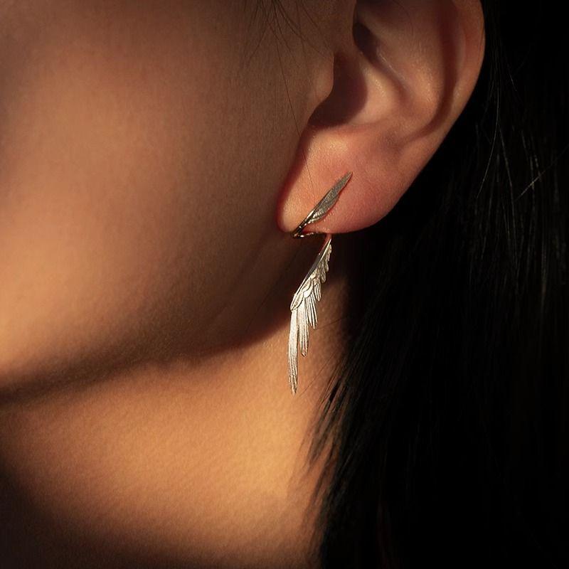 2PCS Simple Alloy Long Wing Stud Temperament Feather Earrings Silver Wings Shape Elf Ear Cuff Earrings Jewelry Accessories Gifts
