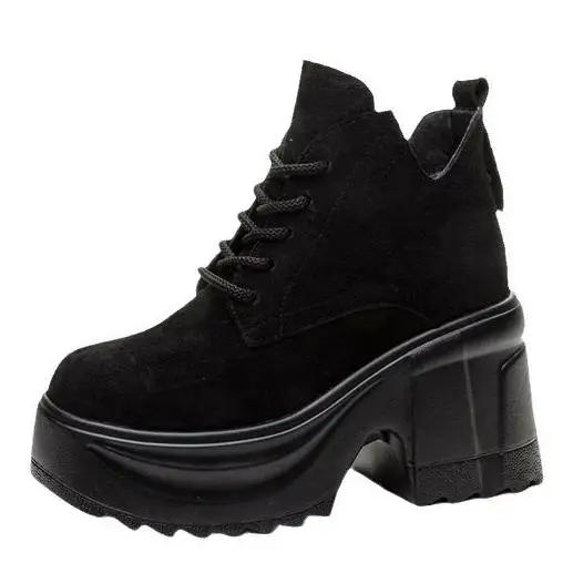 Fashion 9CM Suede Leather Spring Chunky Heel Ankle Boots Platform Wedge New Autumn Women Vulcanized Increase Casual High Heels ZIP Shoes