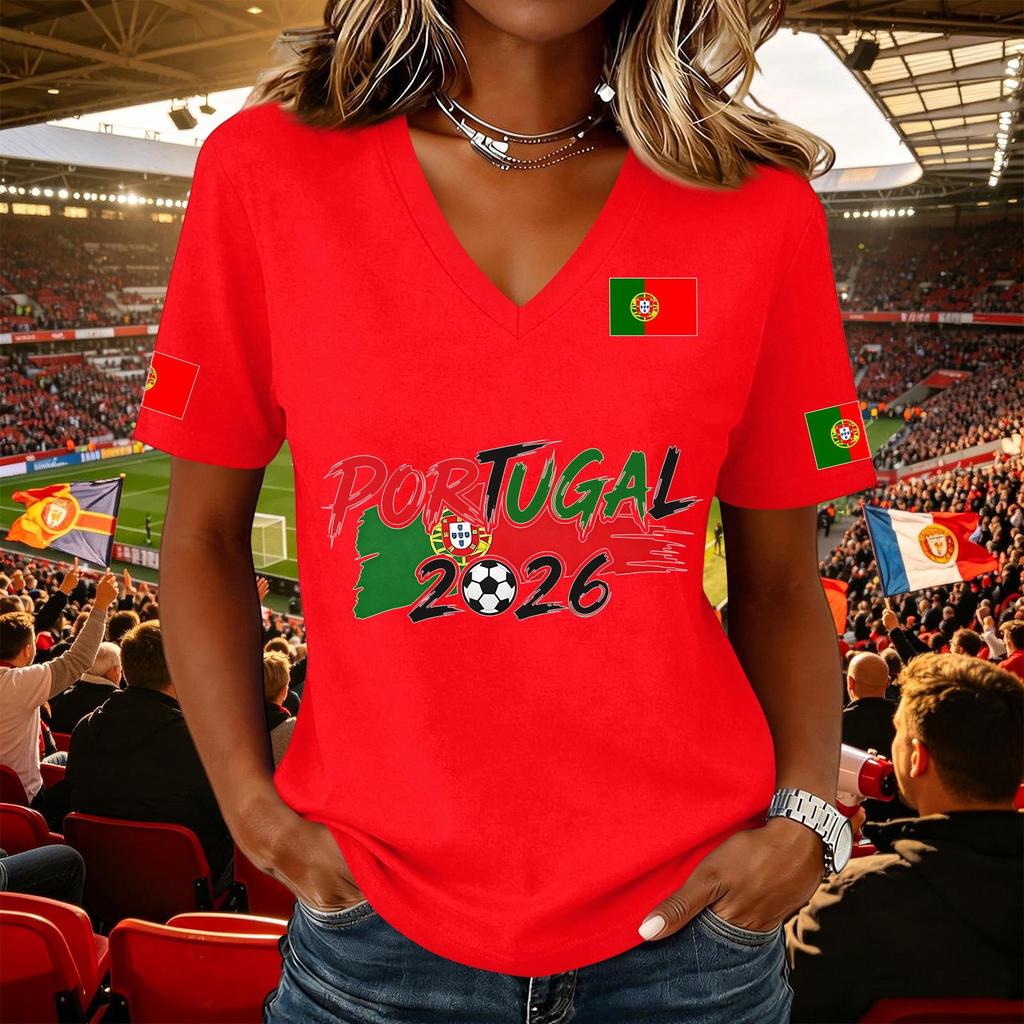 Women's Casual V Neck Short Sleeve Pullover Top with Soccer Flag Print Portugal 2026 Support Shirt for Fans and Sports Events