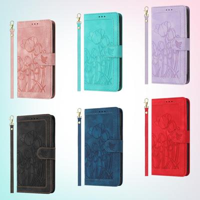 Wrist Strap 3D Emboss Tulip Flowers Leather Phone Wallet Case Book Stand For iPhone 16 Pro Samsung Xiaomi Redmi Google Moto Girls Card Slot Flip Cover