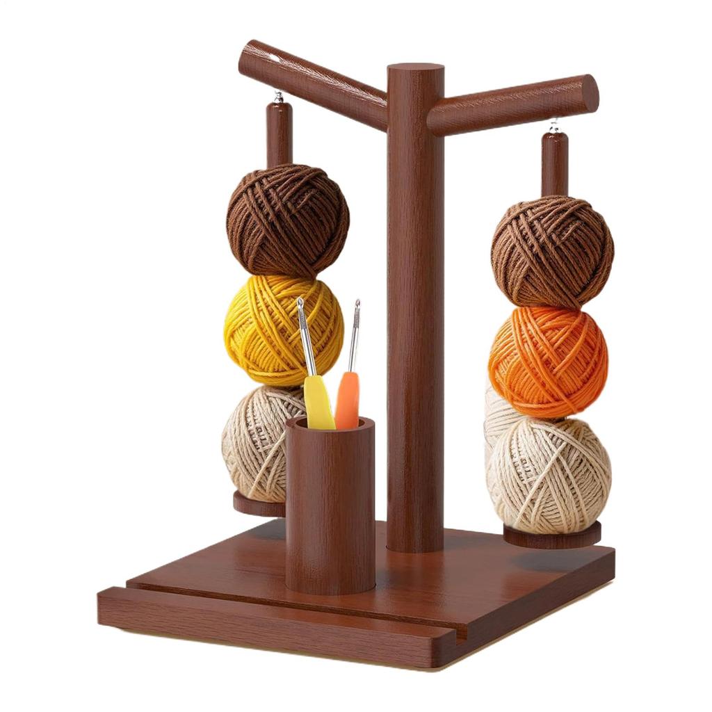 Yarn Holder for Crocheting Magnetic Rotating Spinner Wooden Yarn Ball Holder with Phone Stand & 2 Spindles for Knitter Crocheter