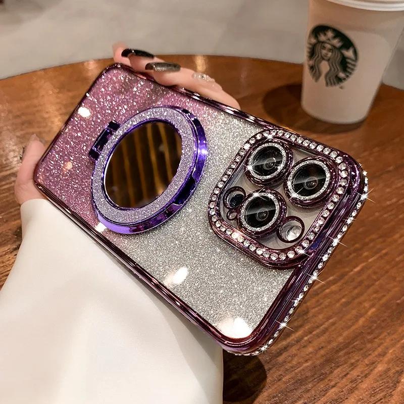Luxury Diamond Clear Glitter Magsafe Case suit For iPhone 16 14 13 12 11 Pro Max 15Plus Mirror Magnetic Phone Holder Stand Cover