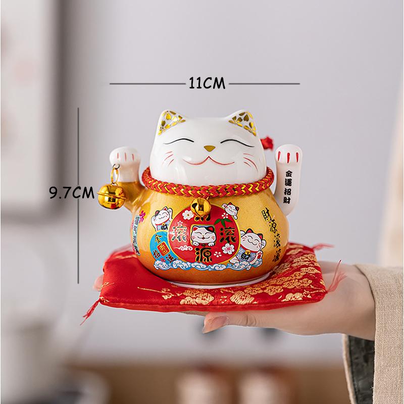 4.5 Inch Ceramic Fortune Cat with Waving Arm, Porcelain Maneki-neko Lucky Beckoning Cats Home Office Decor, Gift for Prosperity