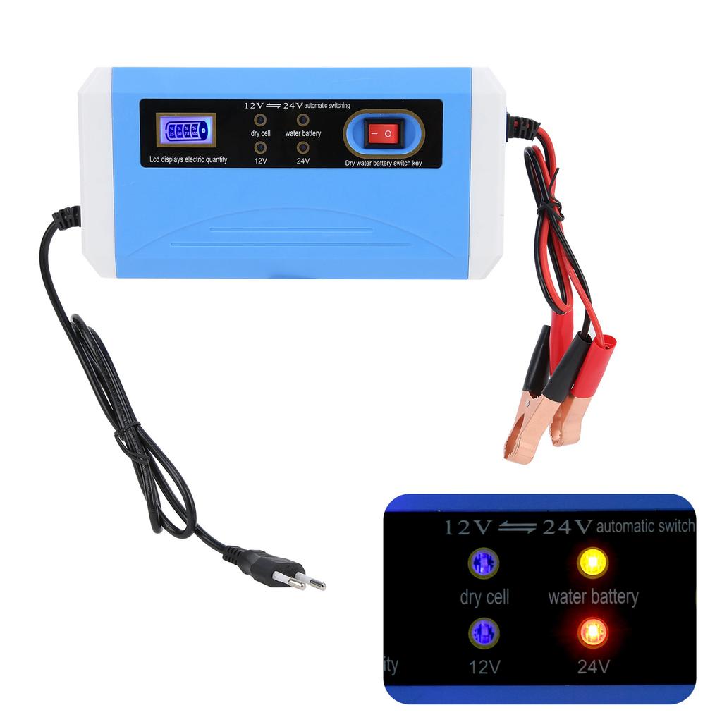 Car Battery Charger 12V 24V Efficient Intelligent LCD Display Automatic Transfer Pulse Repairing for 10Ah‑200Ah 110‑240V