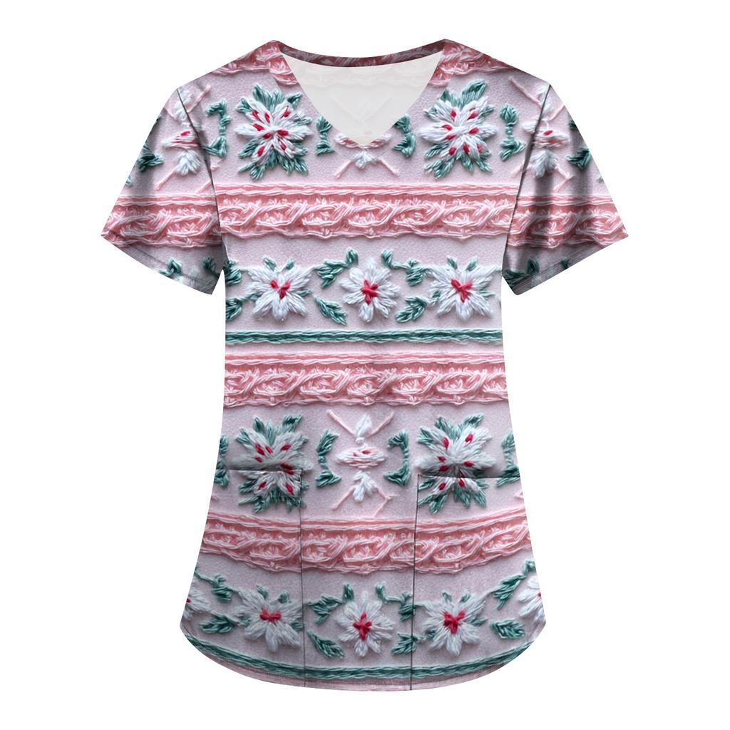 Plus SizePrinted Scrub Working Uniform Tops For Women's Cross V-Neck Print Short Sleeve Fun T-Shirts Workwear Tee With Pockets