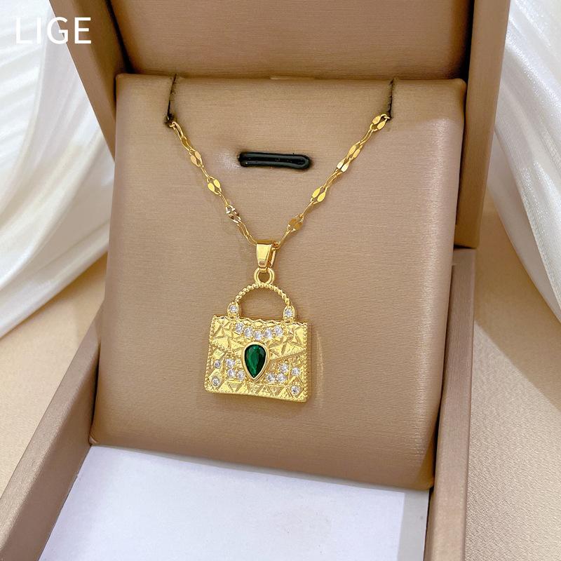 Full Diamond Green Bag Light Luxury Temperament Gorgeous Full Diamond Necklace Women'S Versatile Collarbone Chain Titanium Steel Chain