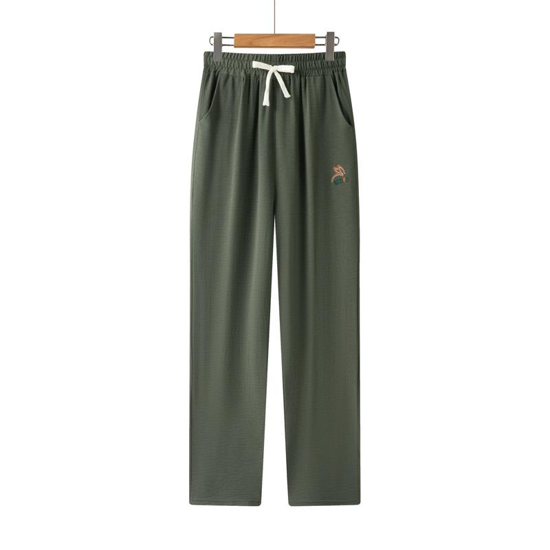 2025 New High-waisted Drawstring Women's Pants, Embroidered Ice Silk Casual Pants, Loose Straight-leg Pants