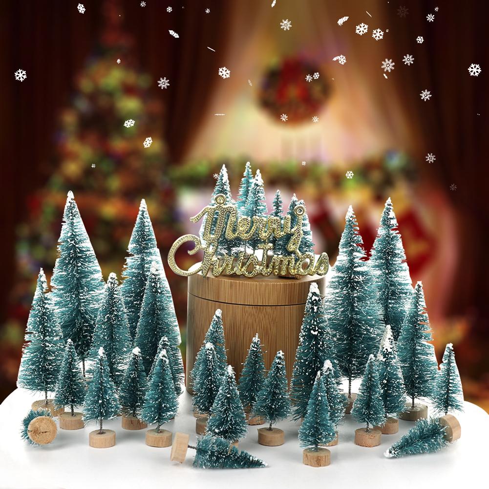 66pcs Mini Artificial Xmas Trees Sisal Snow Pine Trees with Wooden Base for Xmas Decor Party Home Table Craft