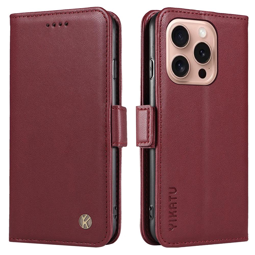 

For iPhone 16 Pro Case Wallet Card Slots PU Leather Phone Cover Wine Red