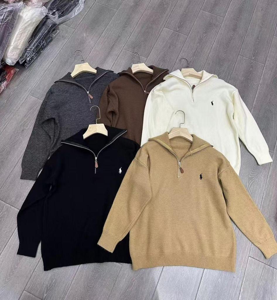 Korean Style Small Horse Embroidery Half-Zip Lapel Pullover Knitwear for Women