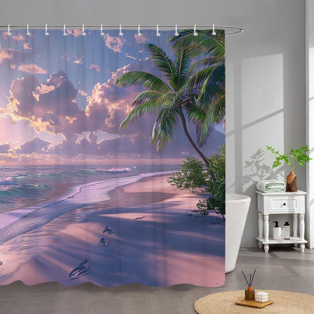 Sunset Beach Scene Waterproof Mildew-Resistant Shower Curtain - Tropical Design For A Relaxing Bathroom Dcor Experience