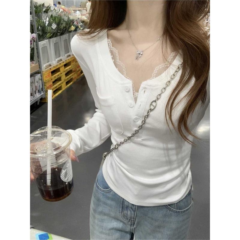 Baby blue half-open neck front shoulder bottom top women's spring and autumn slim-fit sweet hottie long-sleeved shirt with chest pad suspenders