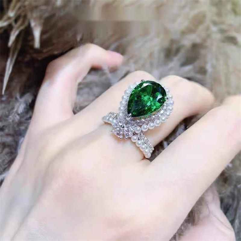 High-End Pearl Emerald Ring: Trendy Gemstone Gift for Women Adjustable Size