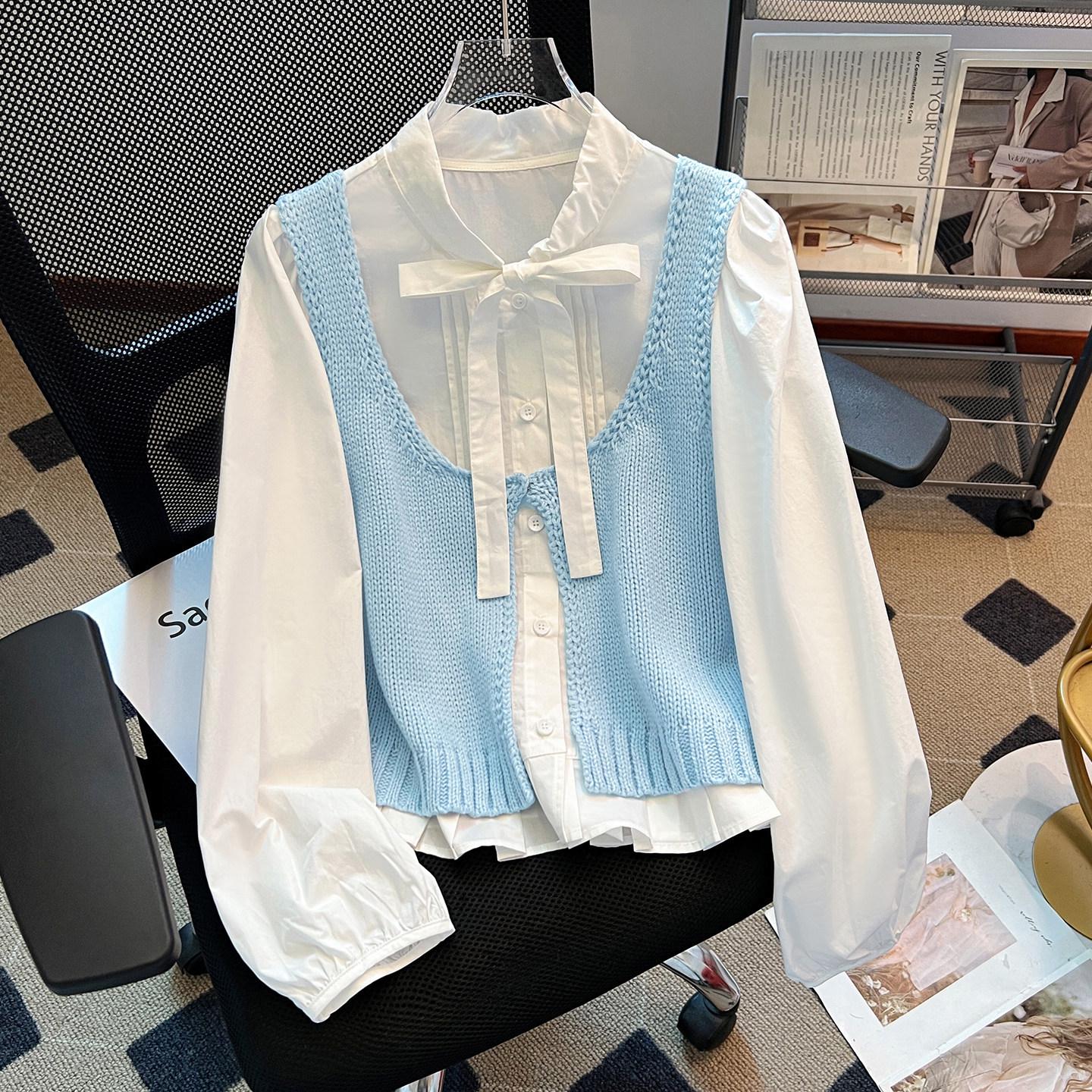 

Women s Spring 2026 Unique Two-Piece Set: Knit Camisole Vest with Long-Sleeved Shirt Large синій